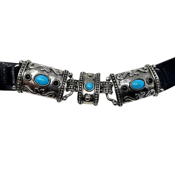 WCM New York Womens size Medium Black Statement belt turquoise cabochon Western - Picture 2 of 9